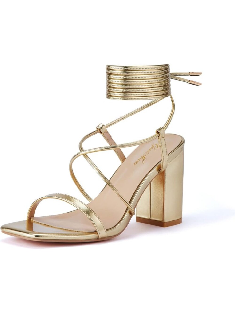 Women's Square Toe Sandals Gold Lace up Chunky High Heels Strappy Block Heel